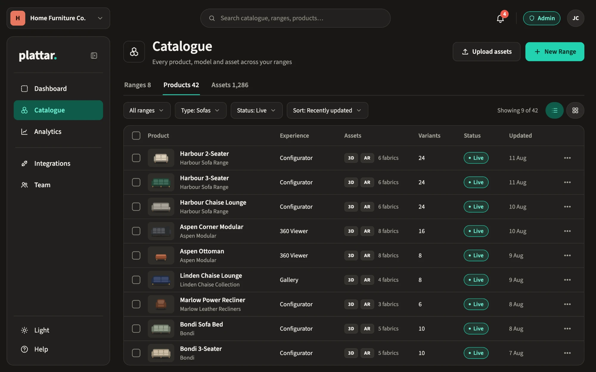 Plattar platform catalogue: every product with its experience, 3D and AR assets, variants and status