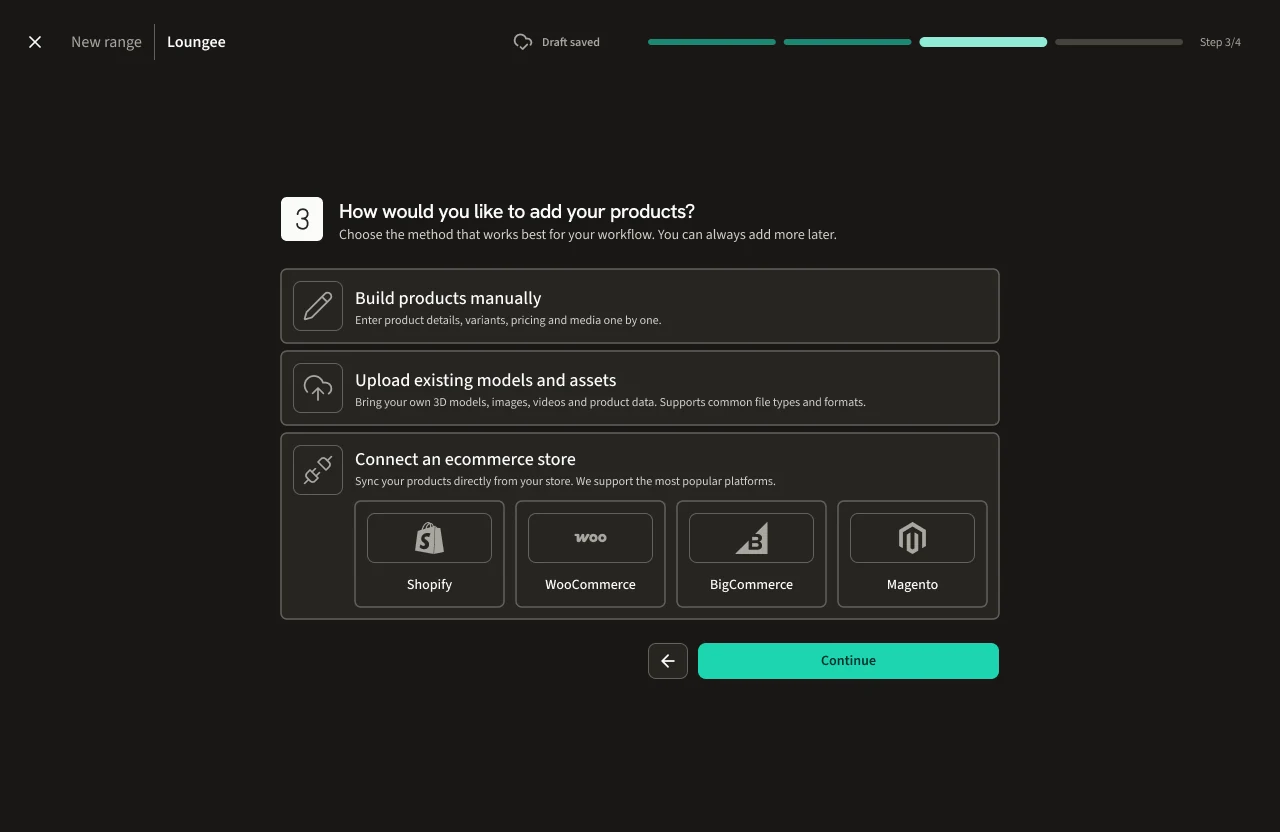 Plattar platform, new range: step 3 of 4, choose how to add products - build them manually, upload existing models and assets, or connect a Shopify, WooCommerce, BigCommerce or Magento store