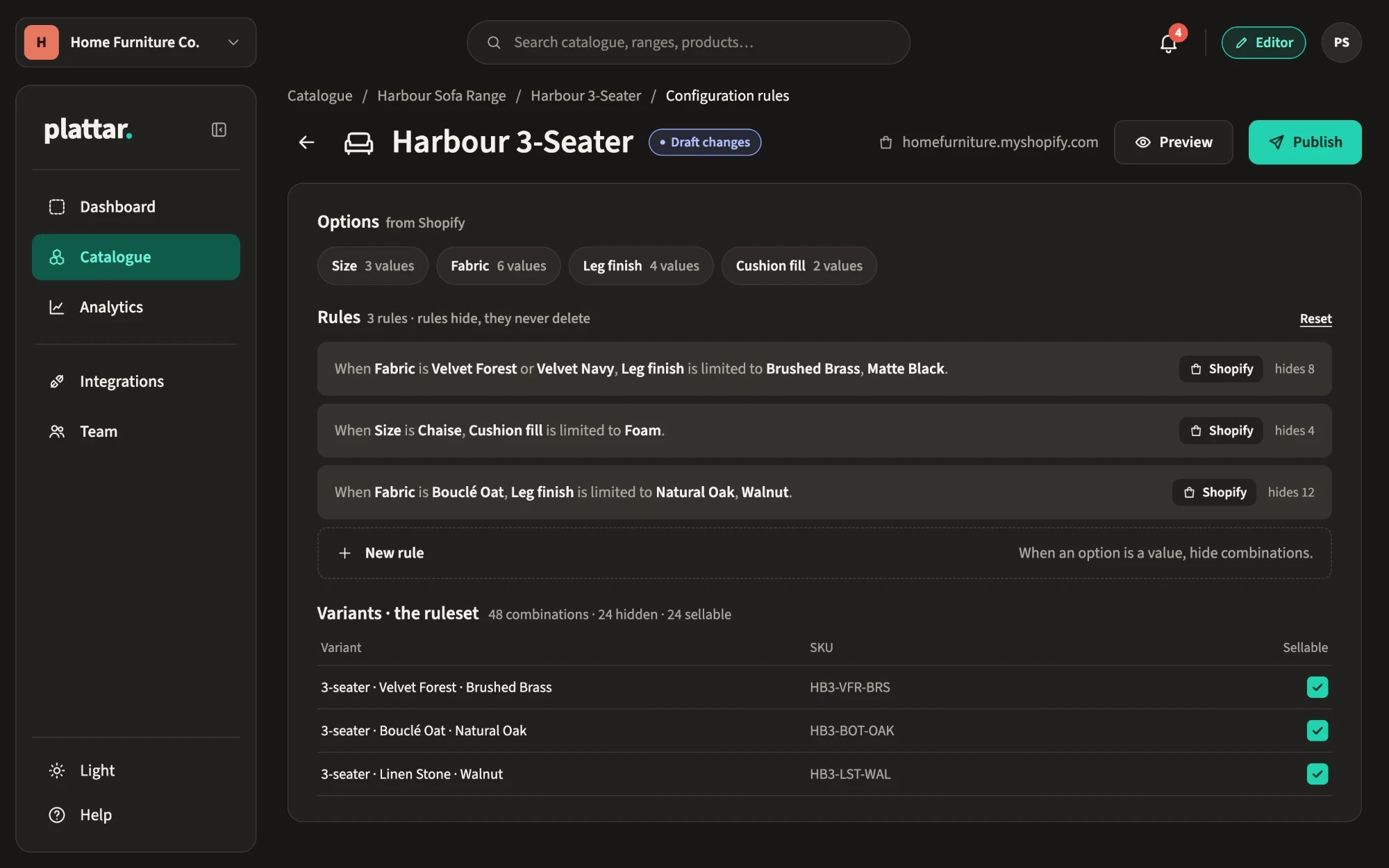 Plattar configurator rules engine: options from Shopify, rules that hide combinations, and the sellable variants they leave